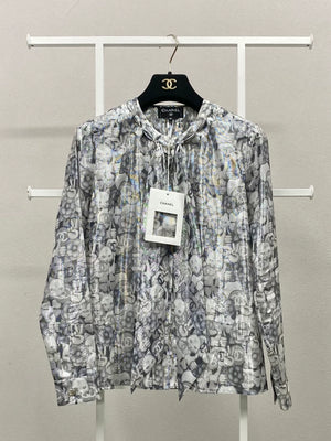 Chanel 16K silver ribbon cat-print shirt