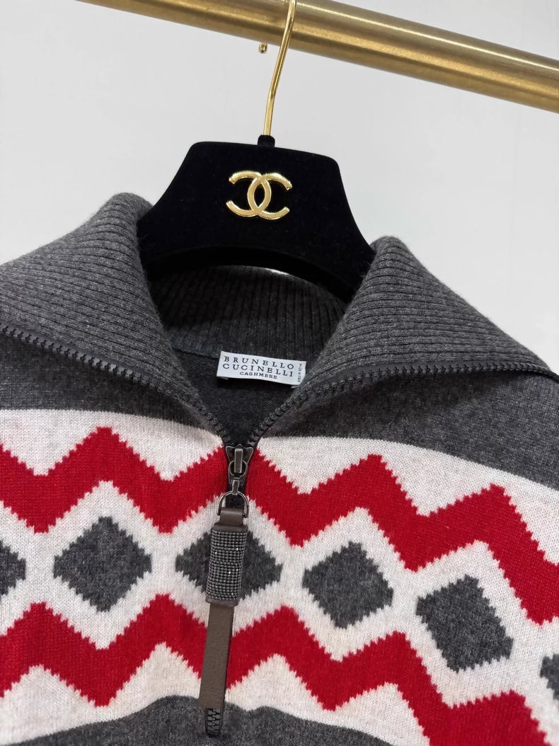 Brunello Cucinello Red Jacquard Half-Zip Cashmere Knit Sweater,