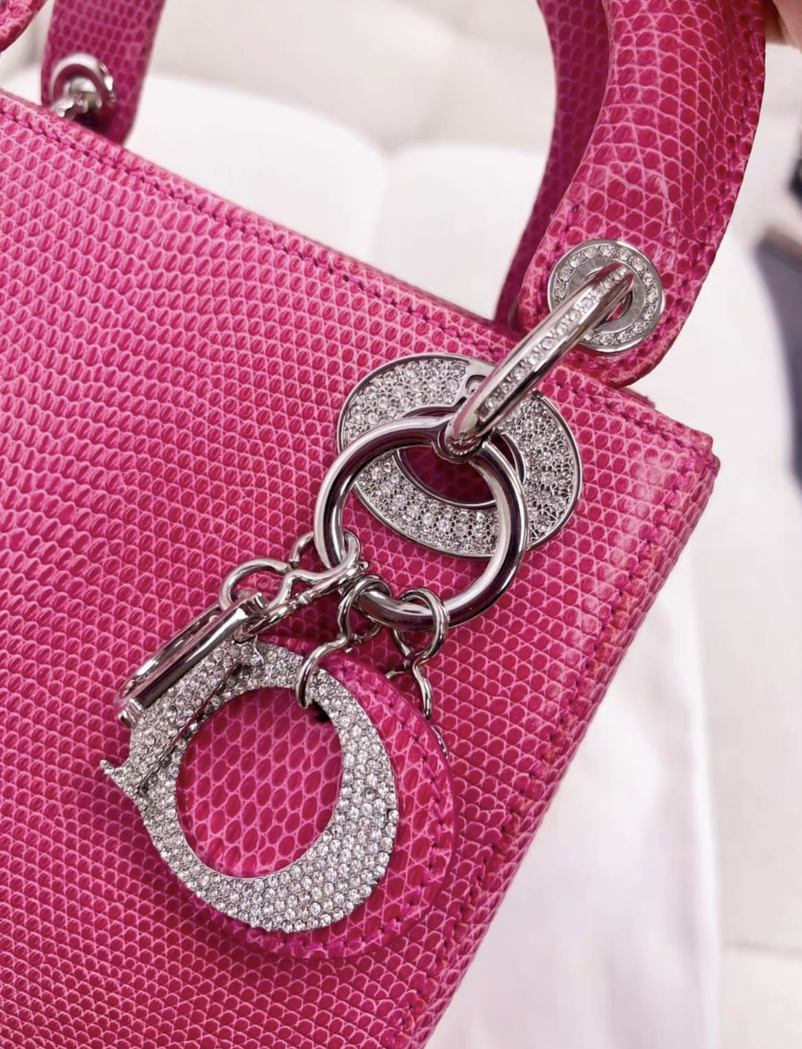 Christian Dior Lady Dior Bag Pink Lizard with Crystal Charms Mini