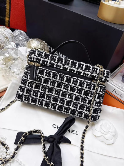 Chanel 25C black and white tweed case bag with silver hardwar