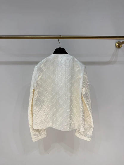 Chanel 25A silk embossed ecru gold double C logo jacket