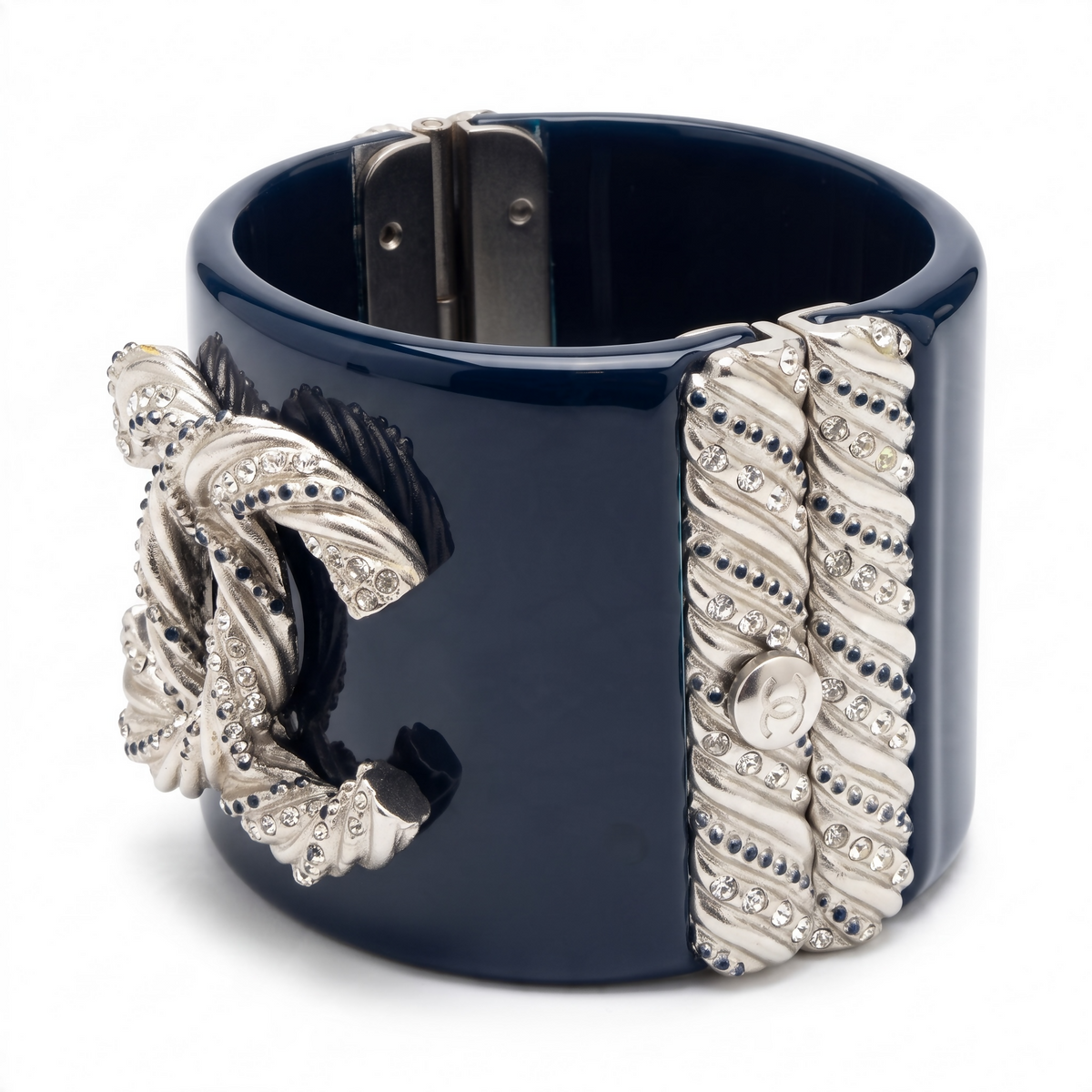 Chanel 13P Navy Blue Silver Crystals Lucite Statement Bracelet Cuff