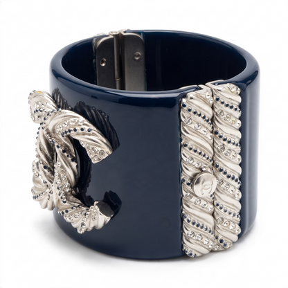 Chanel 13P Navy Blue Silver Crystals Lucite Statement Bracelet Cuff