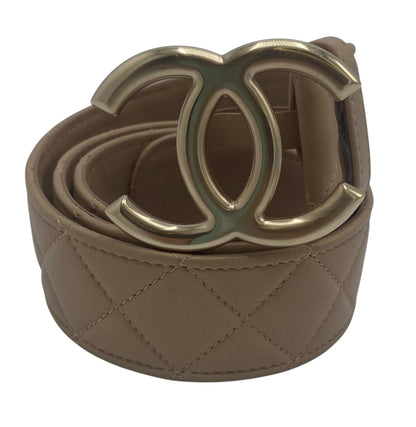 Chanel 14C Beige Lambskin Quilted Belt Gold CC Buckle Size 85/34