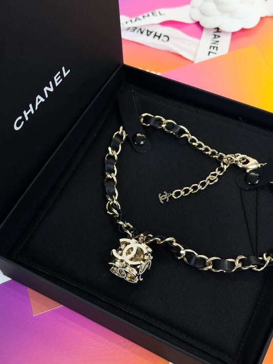 Chanel 22k dice white enamel double C pendant necklace