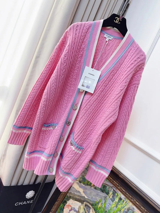 Chanel 23P Pink and Blue/White Knit Cardigan