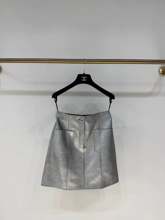 Chanel 24B silver lambskin midi skirt