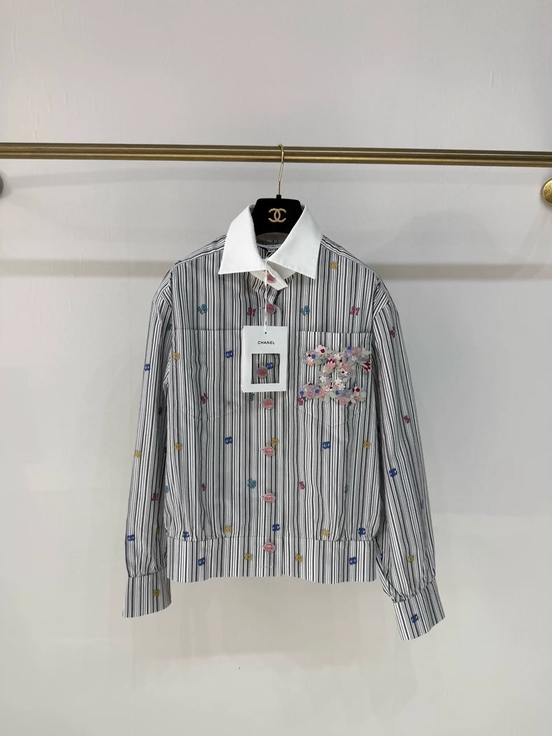 Chanel 23C Embroidery Striped Double C Floral Shirt Jacket