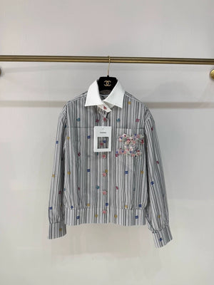 Chanel 23C Embroidery Striped Double C Floral Shirt Jacket