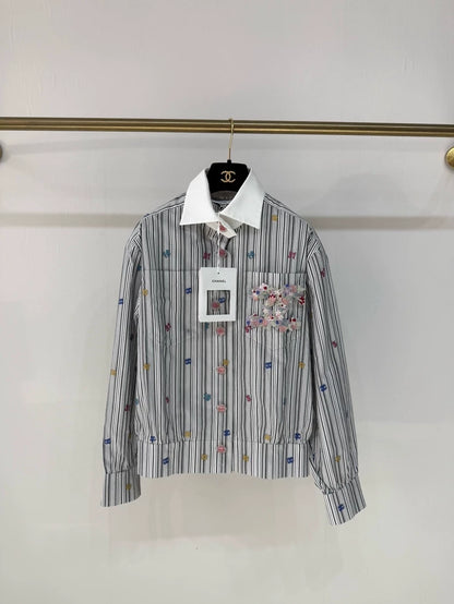 Chanel 23C Embroidery Striped Double C Floral Shirt Jacket
