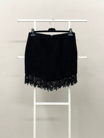 Chanel 22C Black Tweed Sequined Tassel Skirt