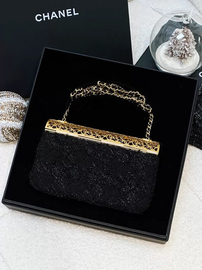 Chanel 22K black and gold metallic tweed CF chain evening bag