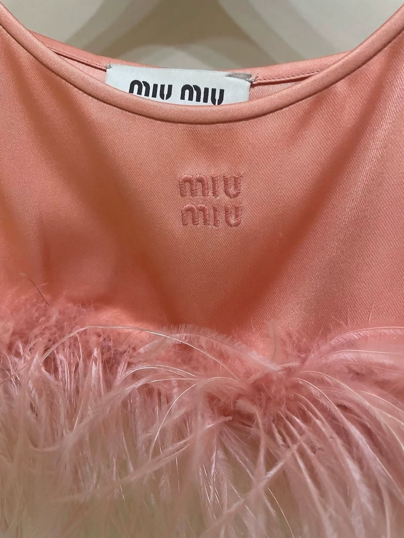 Miu Miu flamingo feather silk top and skirt set