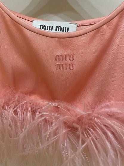 Miu Miu flamingo feather silk top and skirt set