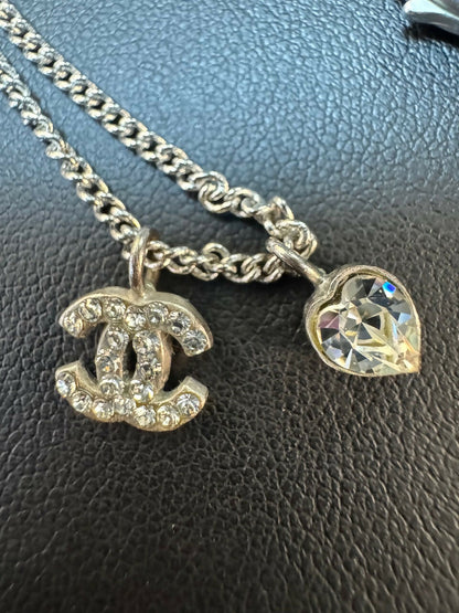 Chanel Vintage 06P Rhinestone Sliver Toned Heart Necklace
