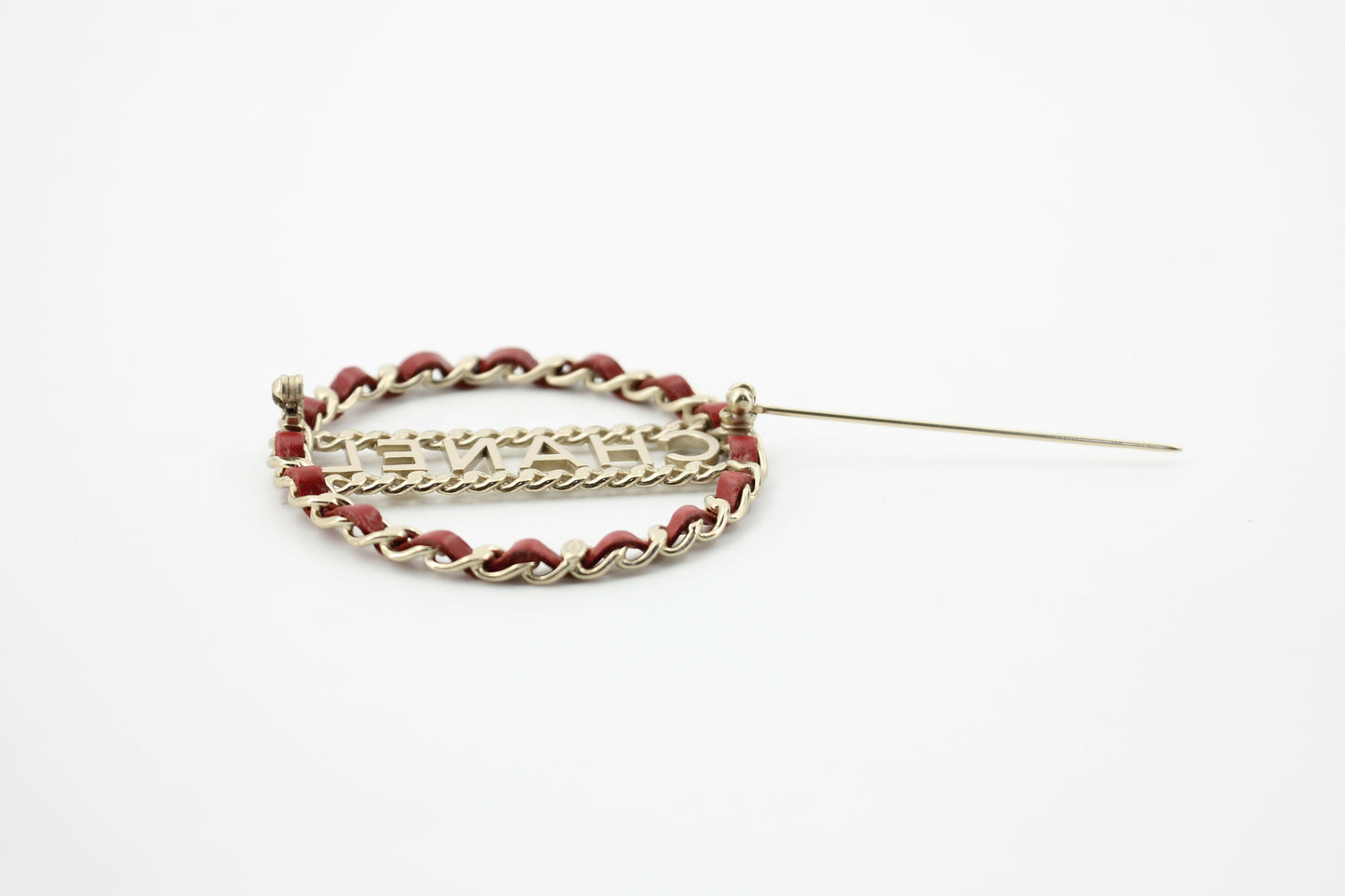 Chanel B18K Leather Red Metal Round Brooch
