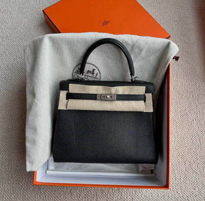 Hermes Kelly 25 black togo leather palladium hardware