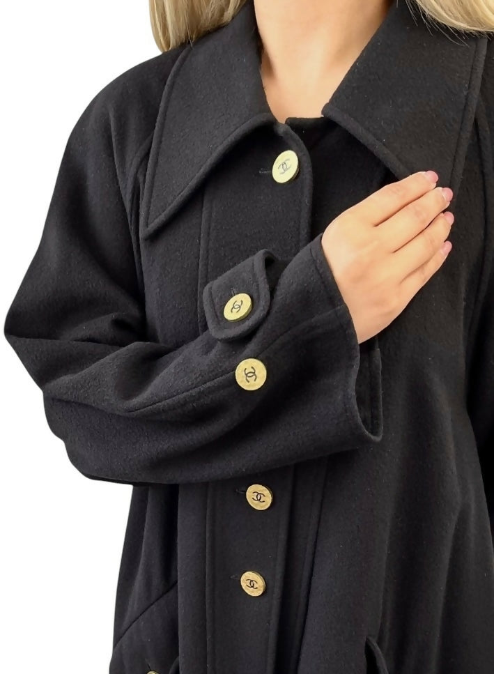 Chanel Vintage 94A Black Oversized Cashmere Long Jacket Coat FR 36