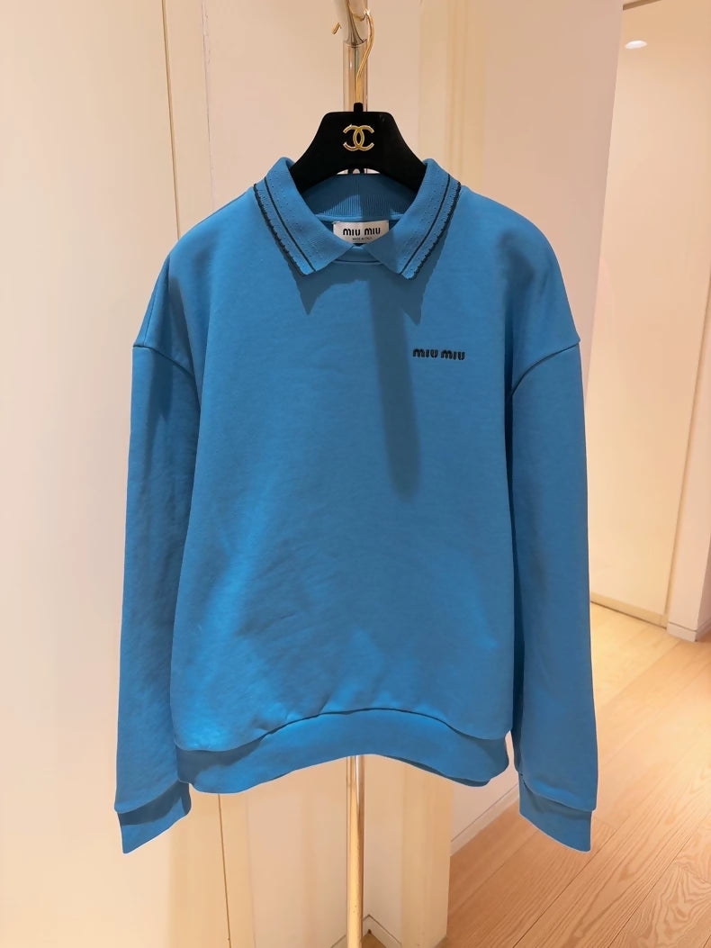 Miu Miu Blue Collar Embroidered Logo Oversized Sweatshirt