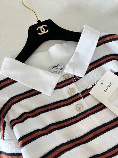 Chanel 26C Brown Striped Polo Top