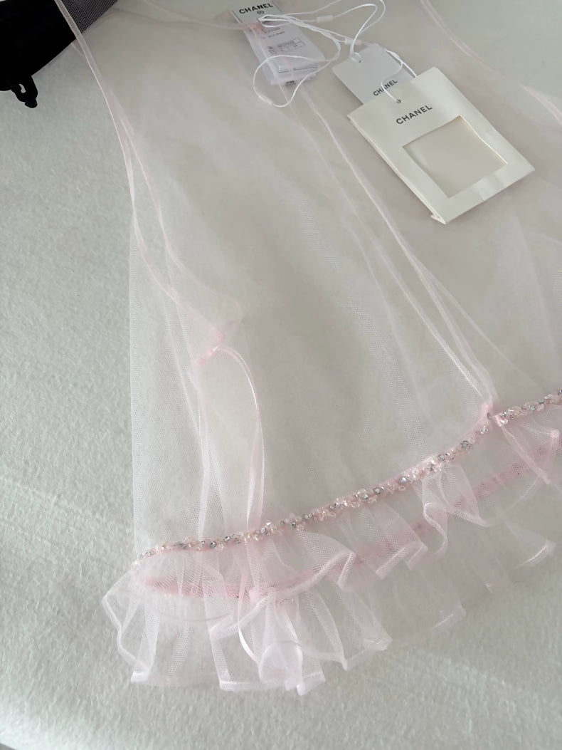 Chanel 25K Pink Beaded Mesh Cardigan