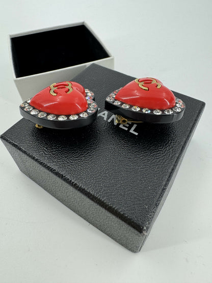 Chanel Vintage 95P Rhinestone & Gold Plated Heart-shaped Black and Red Clip-on Earrings