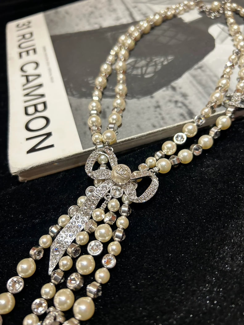 Chanel Bow Rhinestone Pearl Necklace