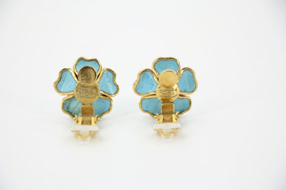 Chanel Vintage 97P Gripoix Blue Camellia Clip-on Earrings