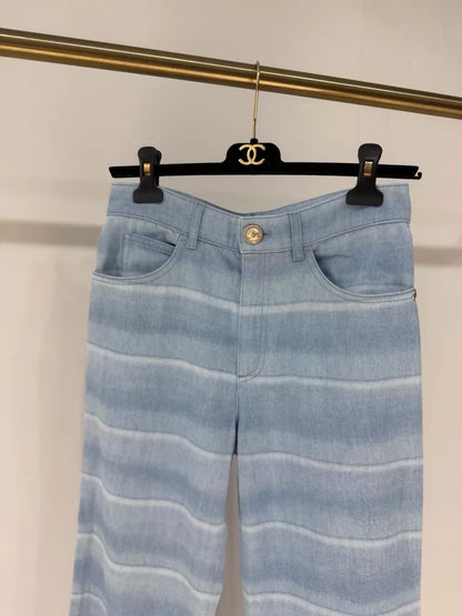 Chanel 26C Blue and White Gradient Striped Wide-Leg Jeans