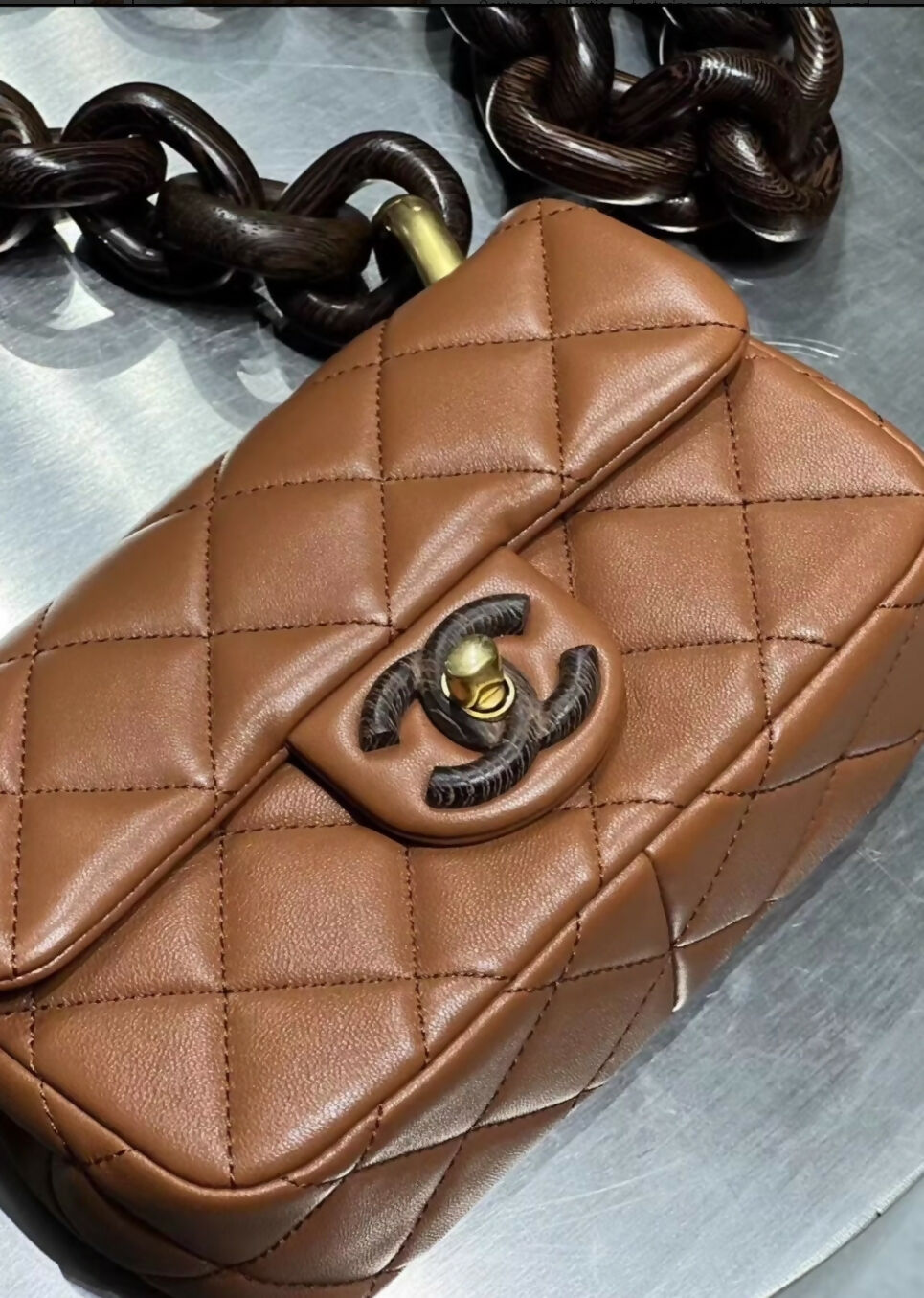 CHANEL 23A BROWN leather WOOD hardware MINI RECTANGULAR FLAP BAG