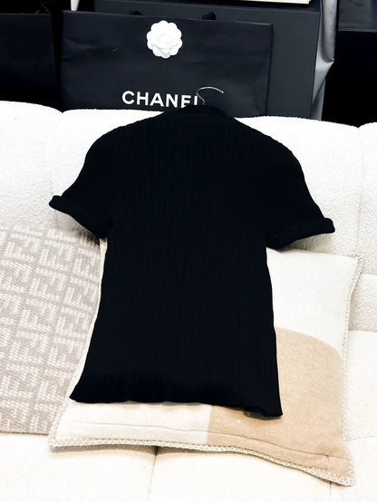 Chanel 21S black pleated CC knit t-shirt