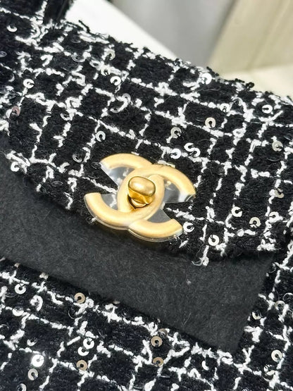 Chanel 24K Kelly Nano black and white tweed sequined shoulder bag with gold hardware