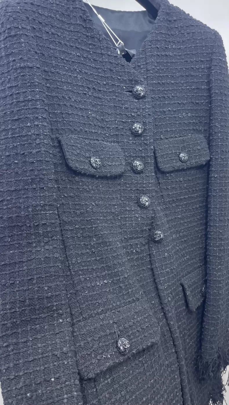 Chanel 22C black shimmering tassel tweed jacket