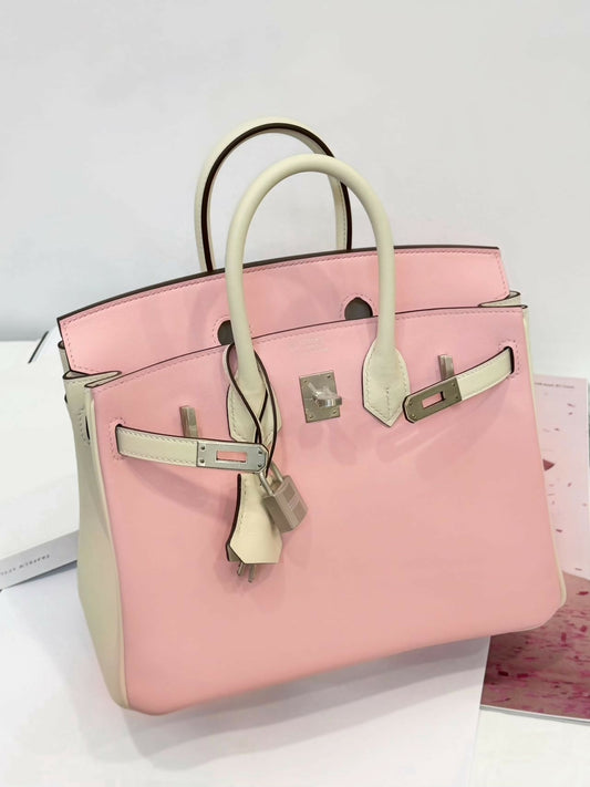 Hermès Birkin 25 Rose Sakura / Cherry Blossom Pink & Craie / Nata Bicolor Swift Leather with Palladium Hardware W Stamp