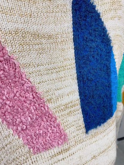 Chanel 19A geometric pattern beige blue pink and black sweater