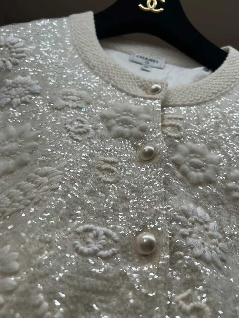 Chanel 21s sequined embroidered white cardigan