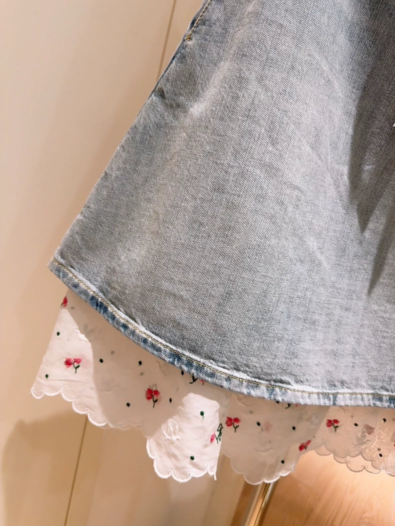 Christian Dior Limited Edition Dioramour Embroidered Lace Faux Two-Piece Denim Mini Skirt