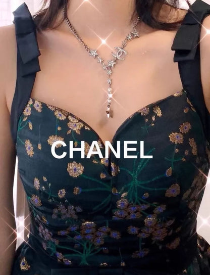 Chanel 21P silver star double C pearl long necklace