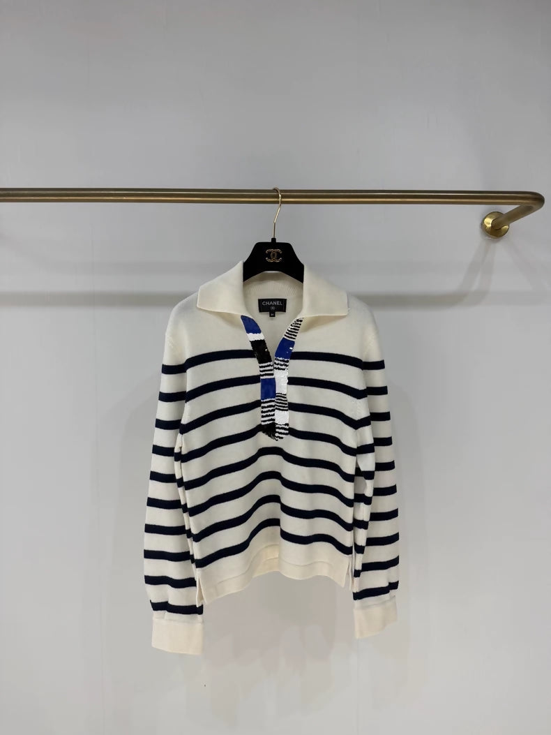 Chanel 24S Navy Striped Sequined Cashmere Sweater