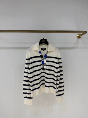 Chanel 24S Navy Striped Sequined Cashmere Sweater