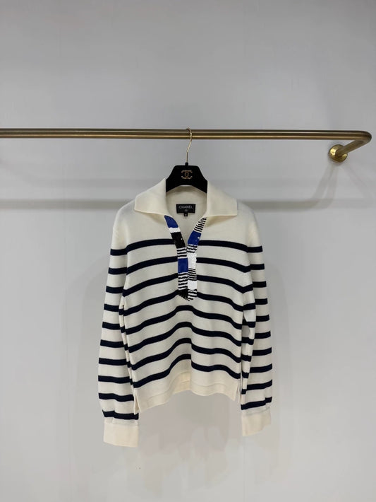 Chanel 24S Navy Striped Sequined Cashmere Sweater