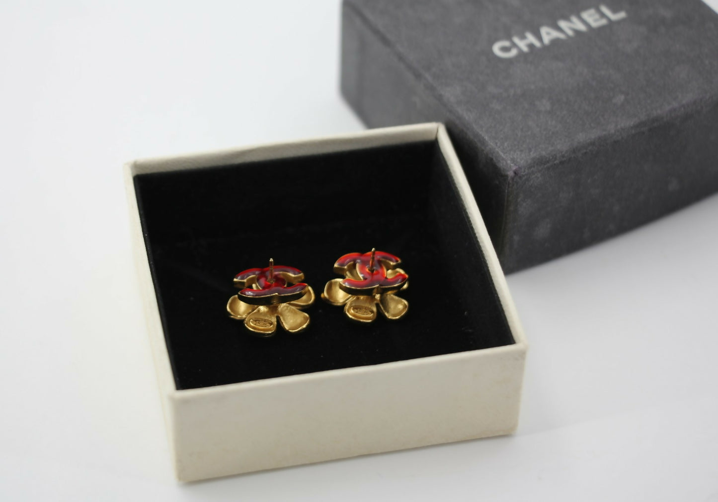Chanel Vintage 03P Enamel Gold and Red Floral Stacked Stud Earrings