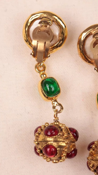 Chanel Red and Green Glass Pendant Pearl Clip-on Earrings