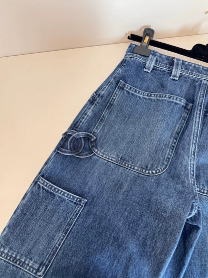 Chanel 26P Dark Straight-Leg Jeans with Large Double C Logo