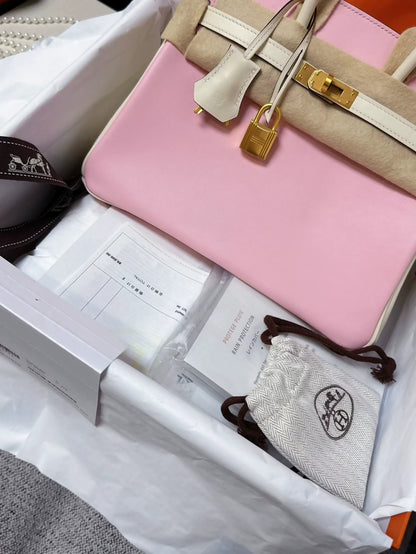Hermes Birkin 25 two colors cherry pink 3Q and craie swift leather with brushed gold hardware