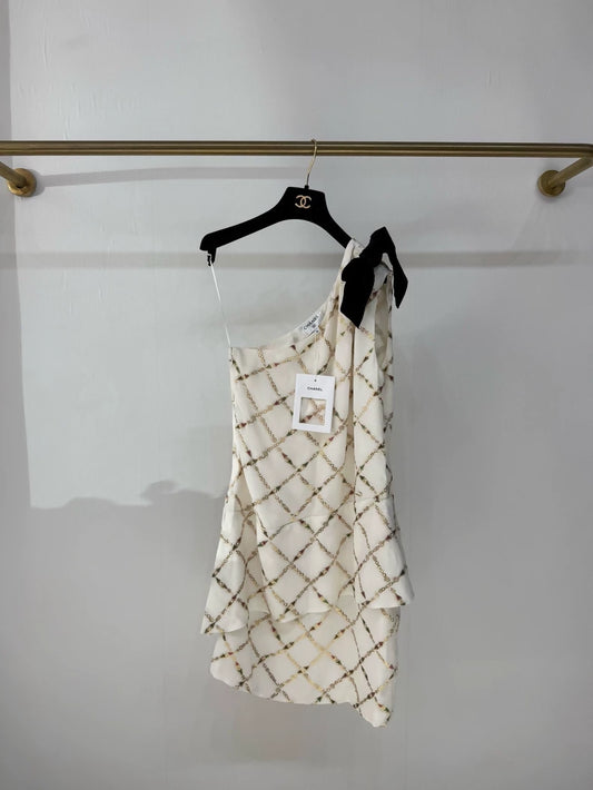 Chanel 22B white chain embroidered evening dress