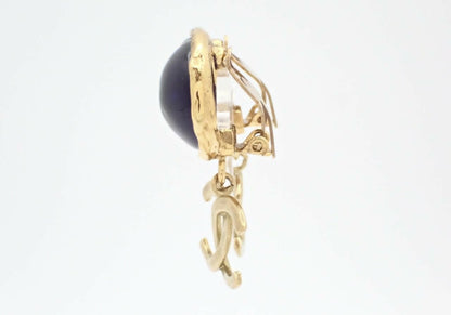 Chanel Vintage 96P Gripoix Blue Coco Mark Dangle Clip-on Earrings