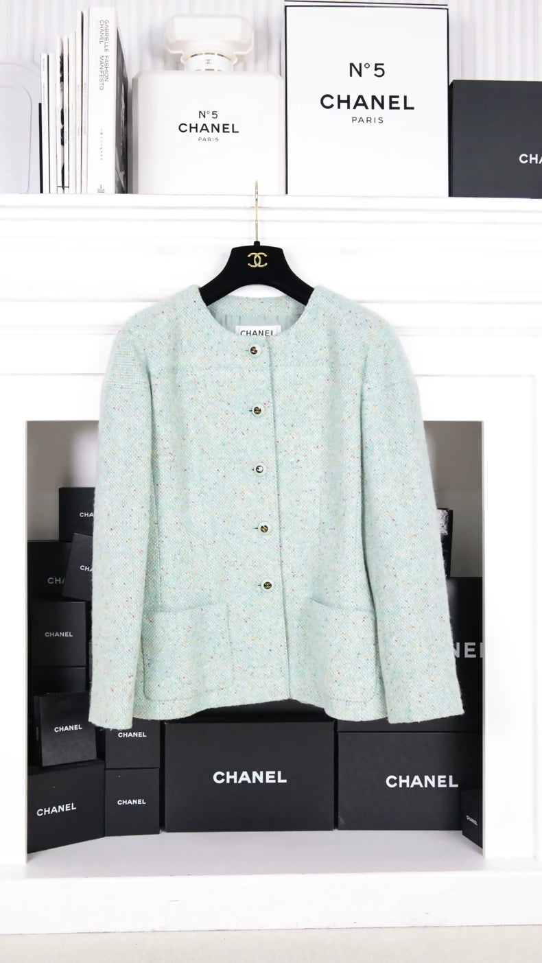 Chanel 2001 Fall/Winter Mint Green Tweed Scarf & cardigan