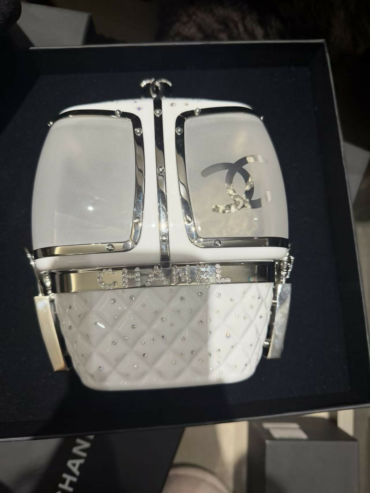 Chanel 2019 Limited Edition Ski Cable Car / Gondola Lift Minaudière Clutch Bag White Resin & Strass Silver Hardware