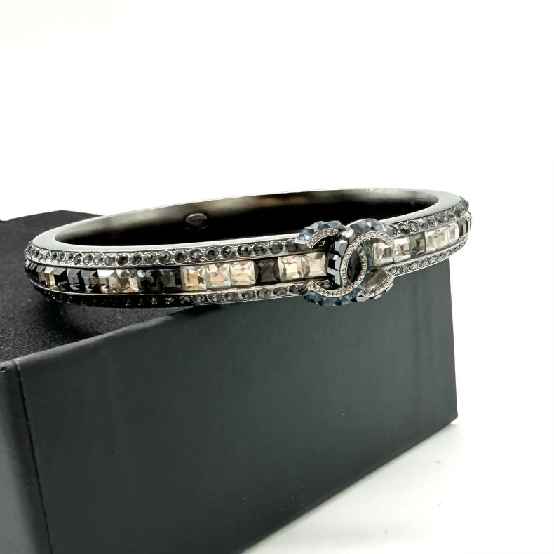 Chanel multi-colored square-cut diamond black and silver bracelet